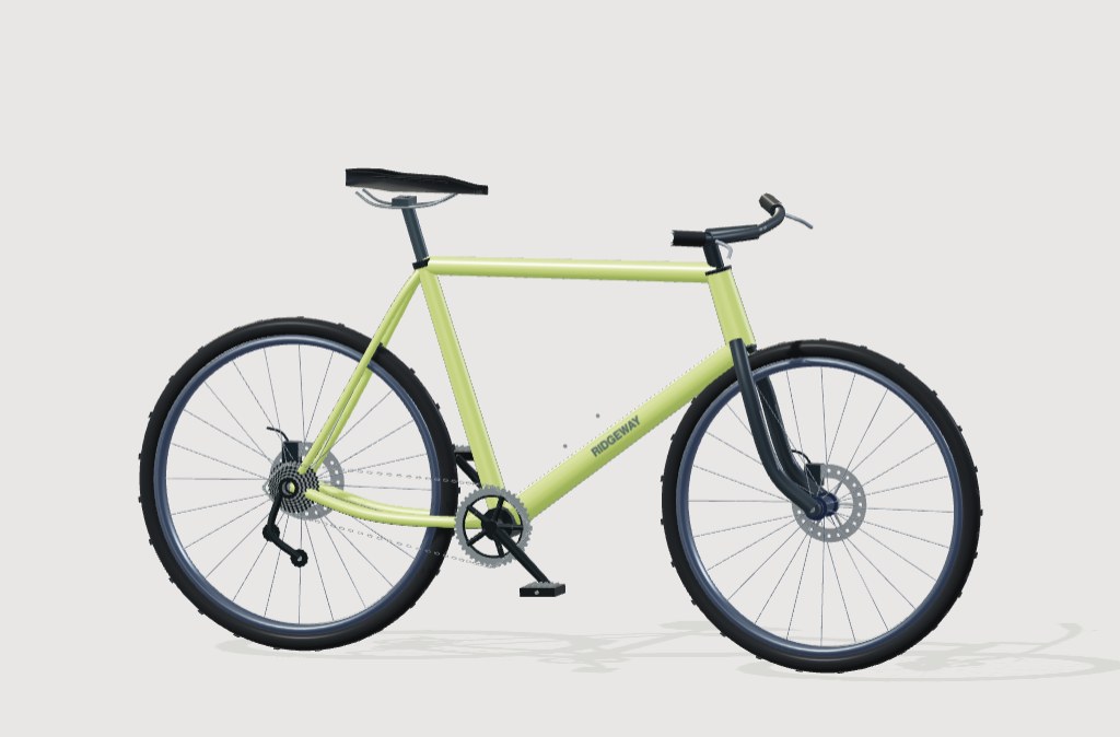 Original fictional Ridgeway bicycle rendered in 3D, with a lime frame, black tires and individually modeled components.