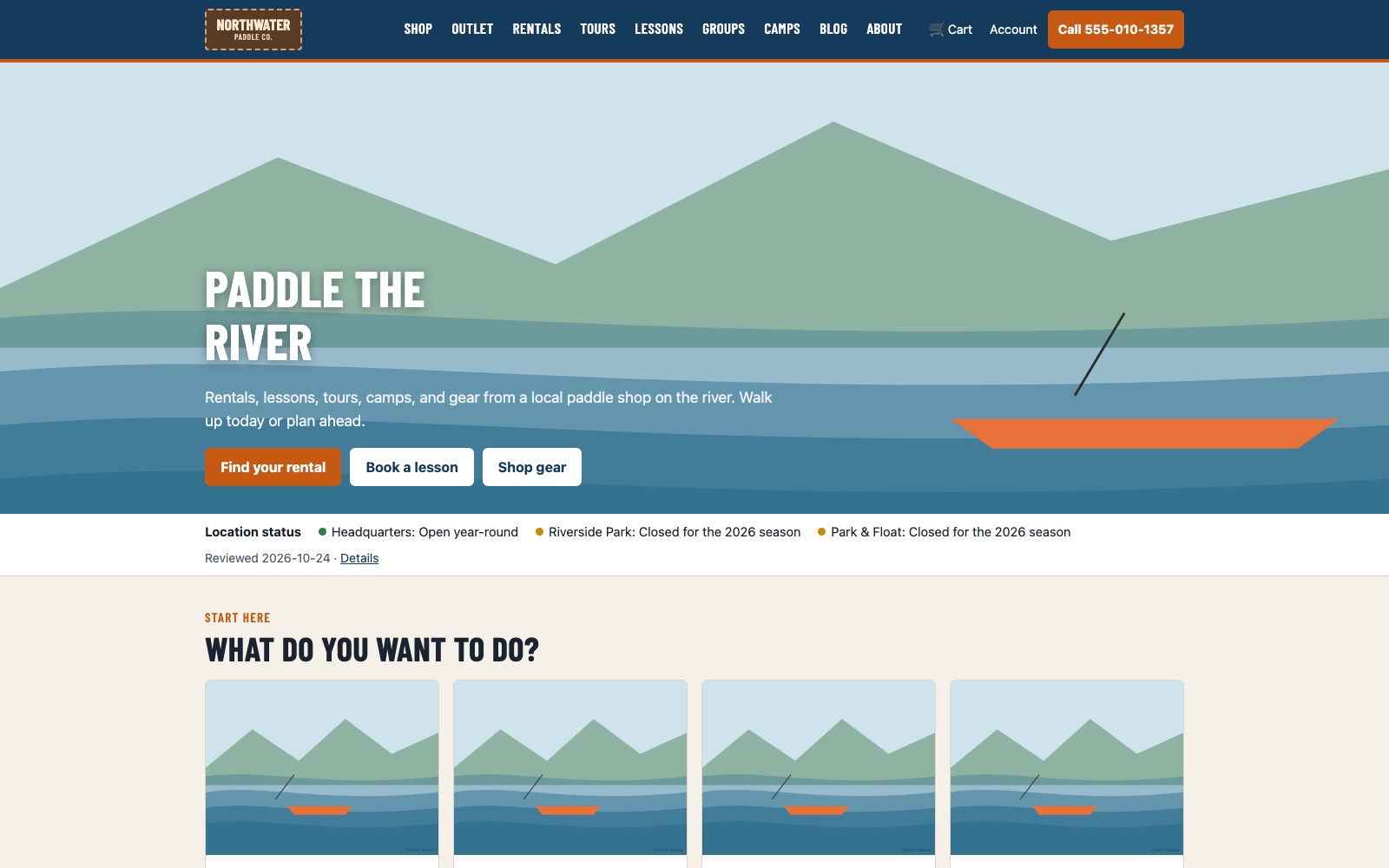 Paddle shop website concept showing rentals, lessons and outdoor activities.