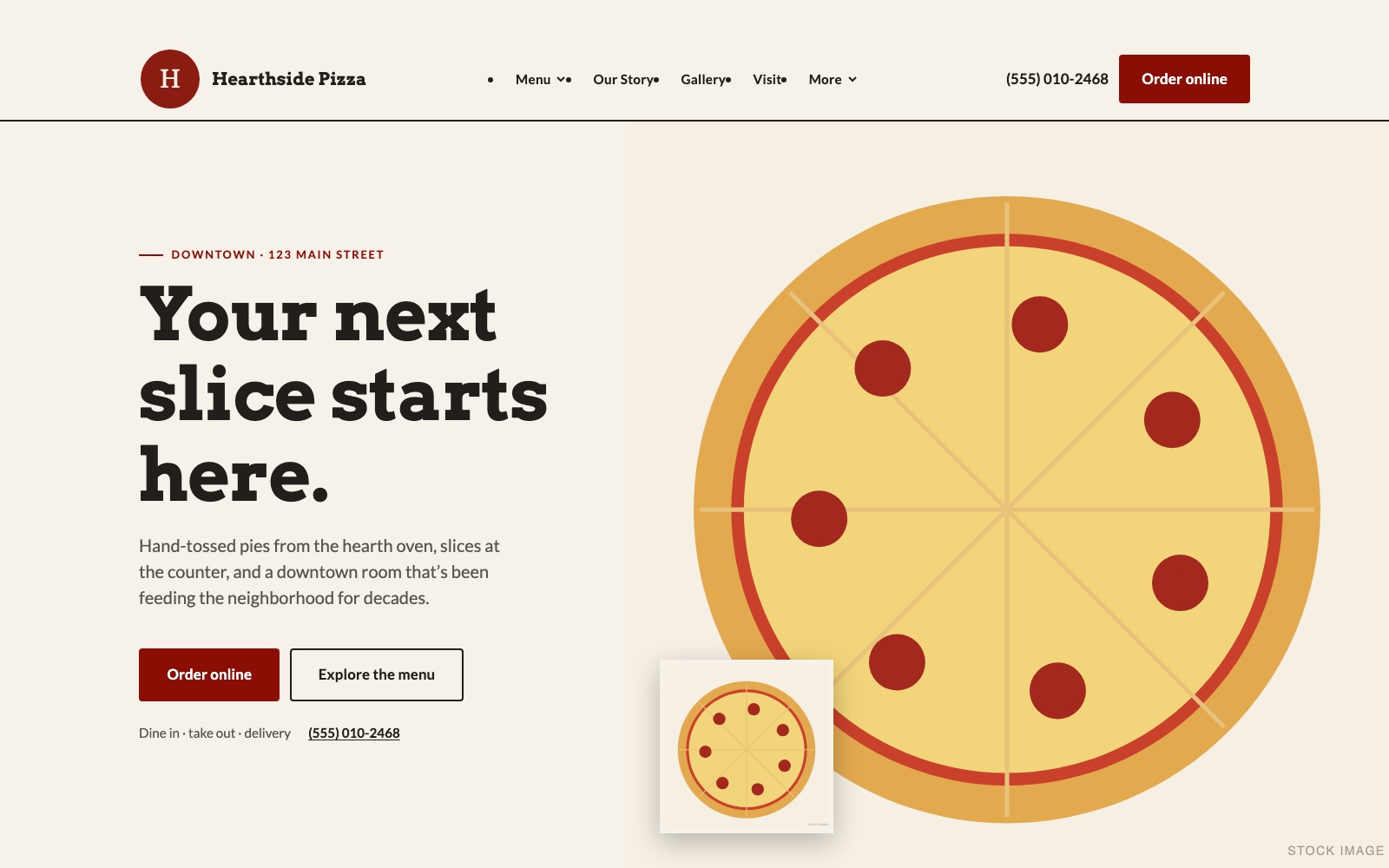 Pizzeria website concept showing the menu, ordering and visiting information.
